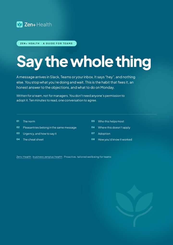 The cover of Say the whole thing, a twelve page Zen+ Health guide
