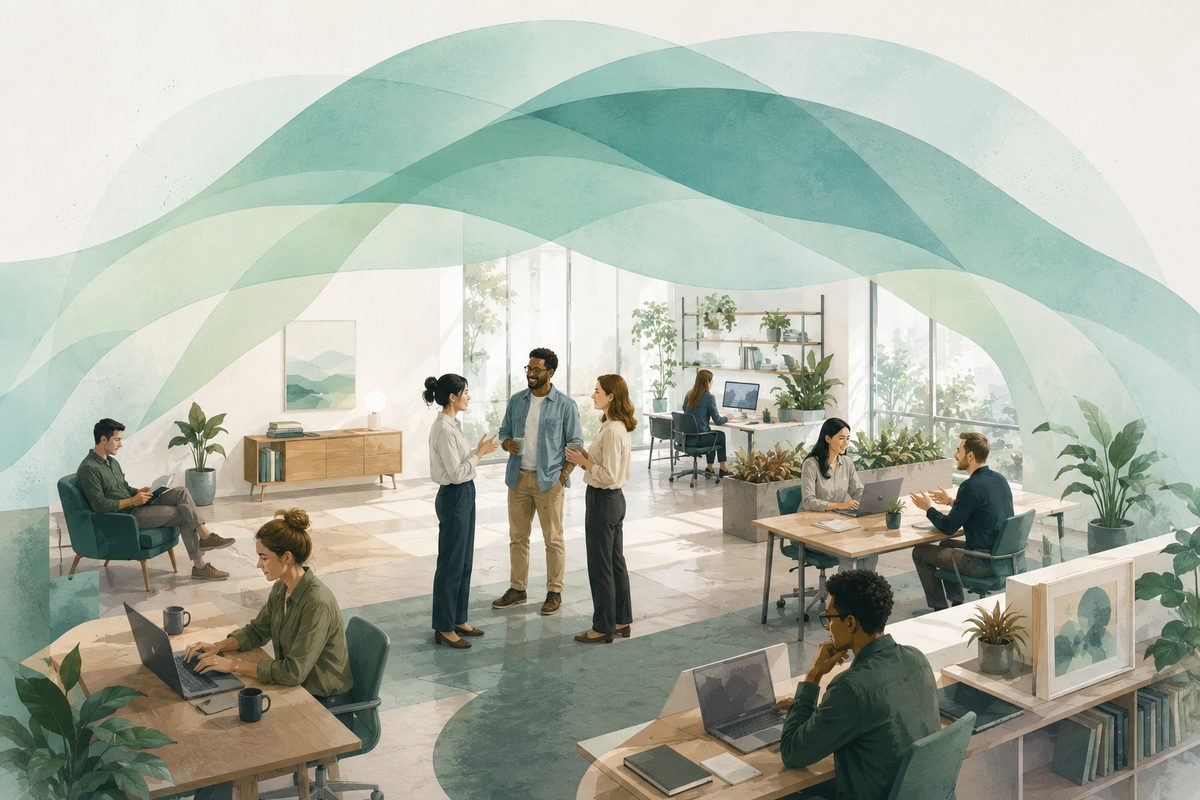 Illustration of a diverse office team at work, with calm teal and mint shapes suggesting a healthy, well-organised workplace